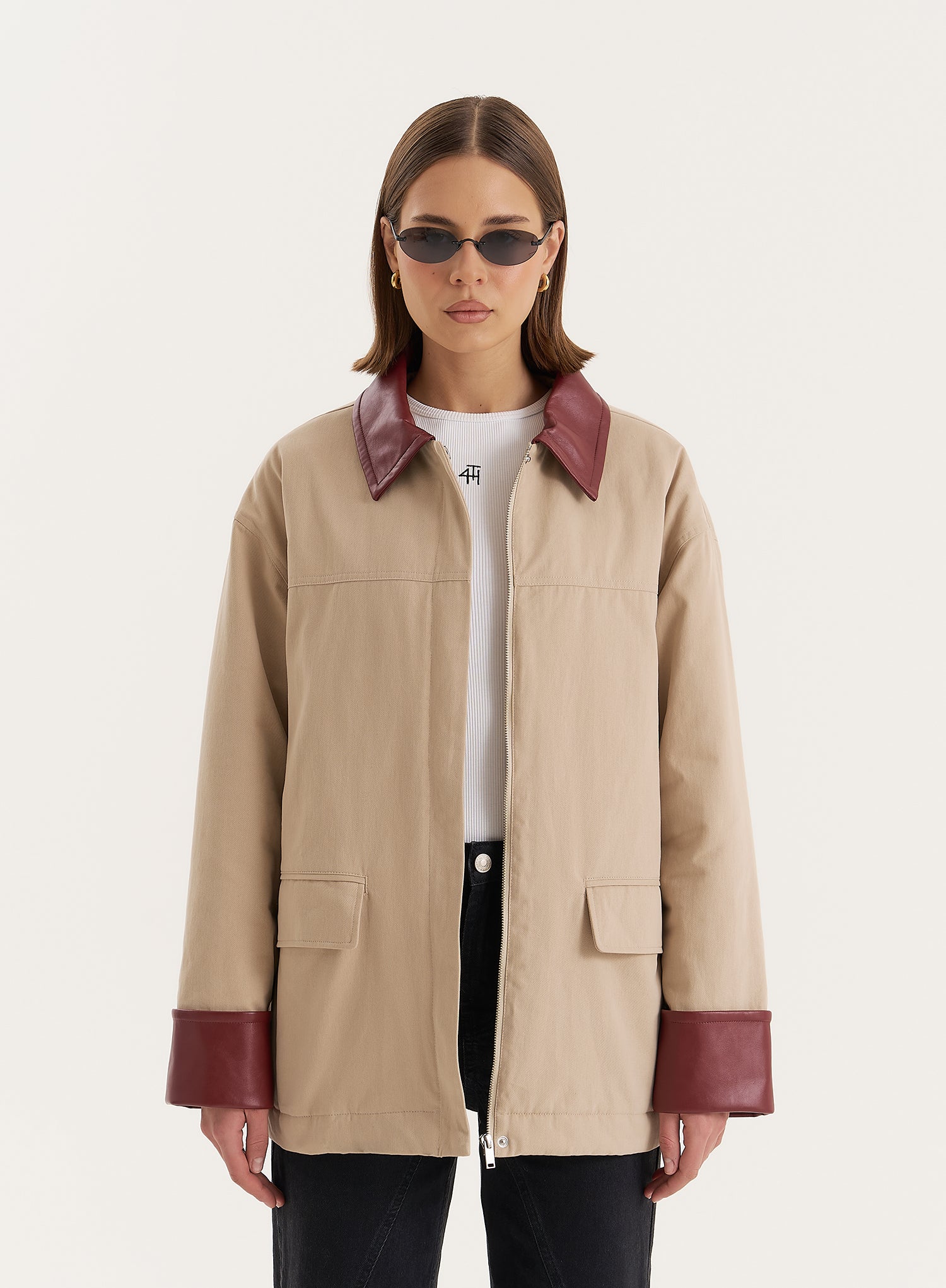 Beige Contrast Collar Barn Jacket